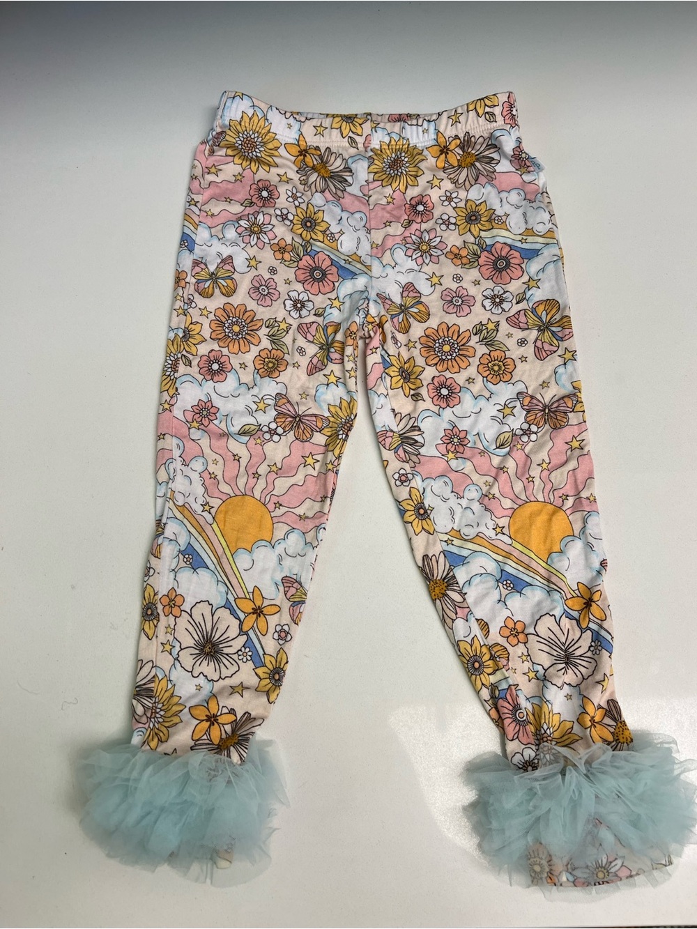 Posh Peanut Floral Sunrise Leggings with Tulle Ruffle - Pink, Yellow, Blue 3-4t